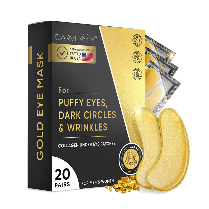 Carvenchy Gold Eye Mask packaging with gold eye masks on a white background