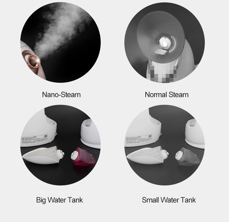 Product features including Nano-Steam, Normal Steam, Big Water Tank, and Small Water Tank on a white background.
