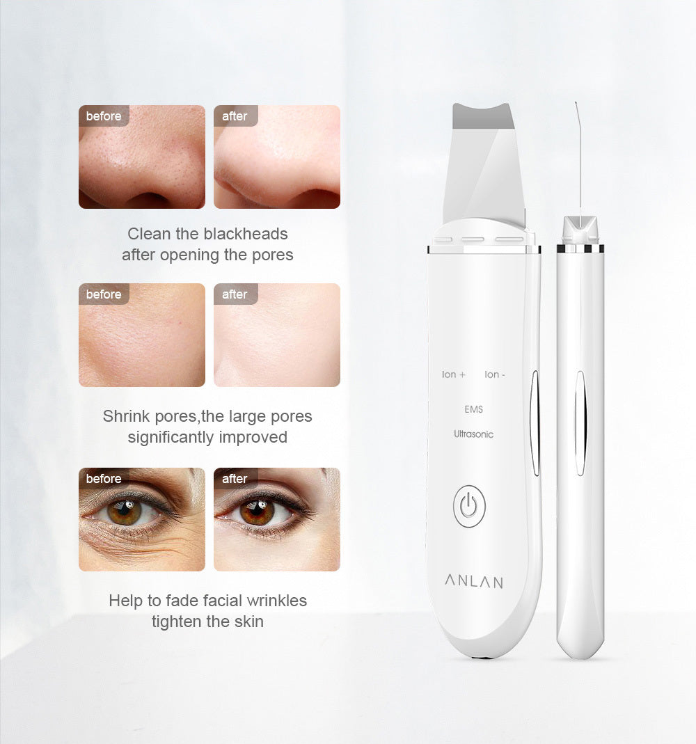 Facial skin care device with before and after effects on skin shown.