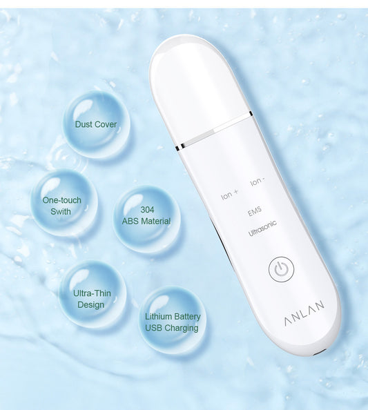 White electronic device with labeled features on a blue background with water droplets