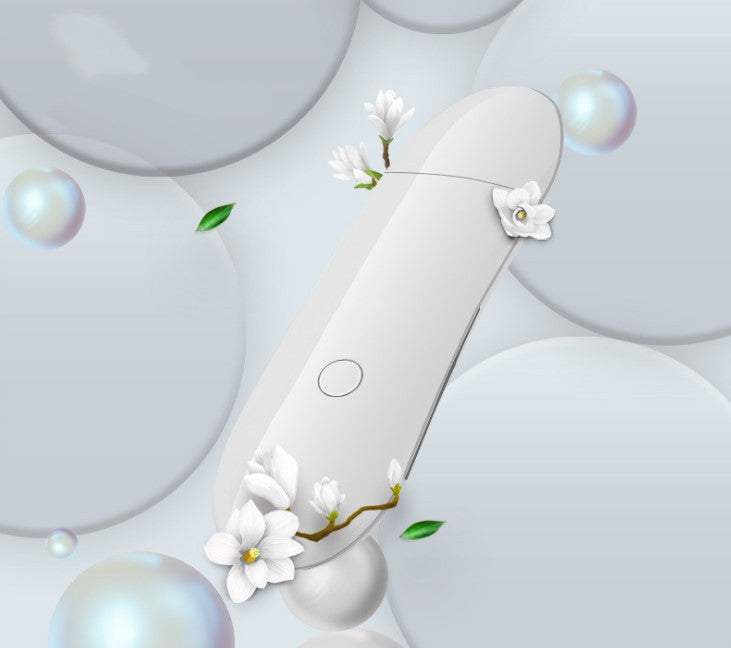 White electronic device with floral elements on a light gray background