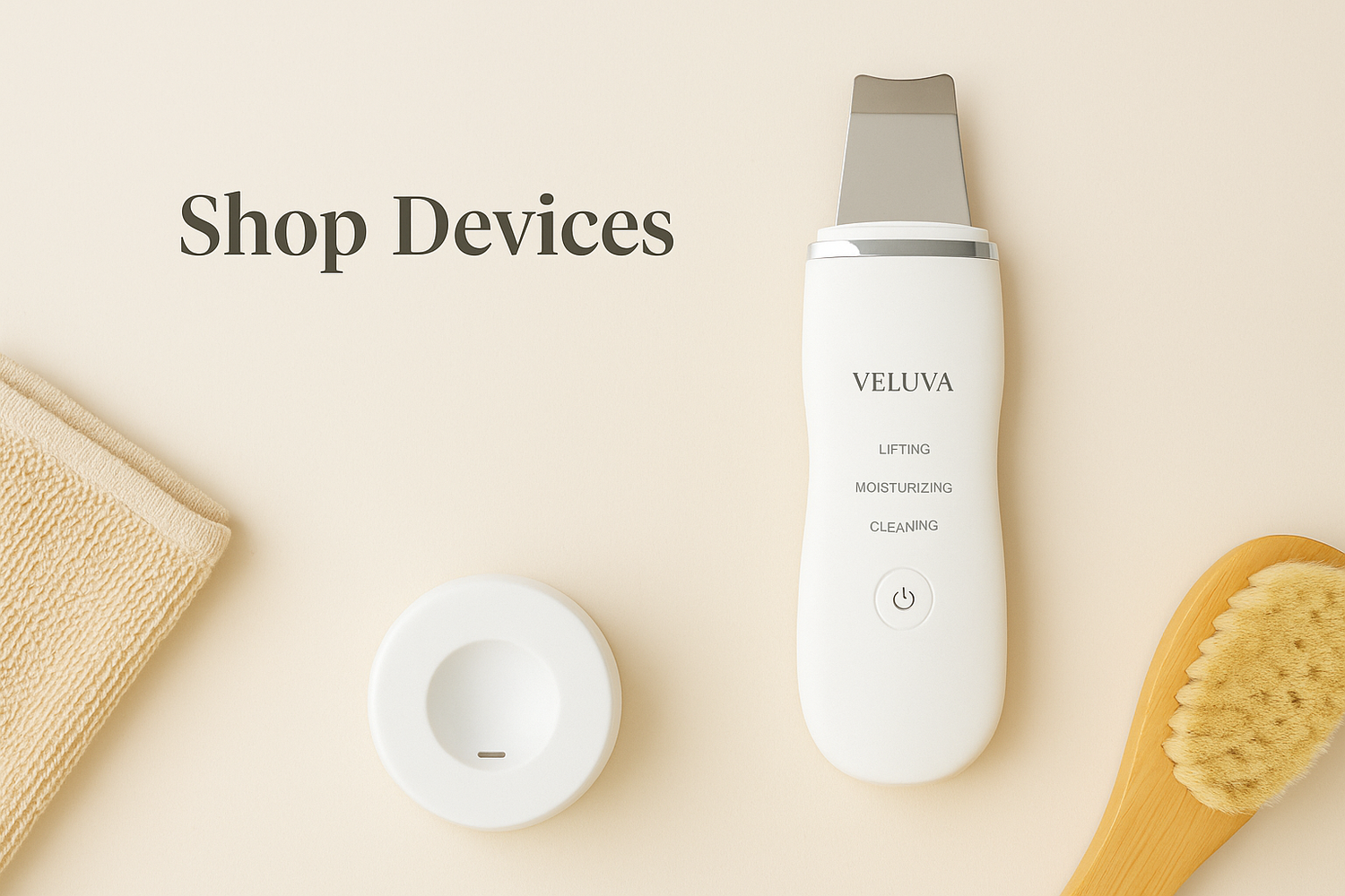 Veluva skincare collection styled on a marble surface with natural light and greenery, evoking calm luxury and radiance.