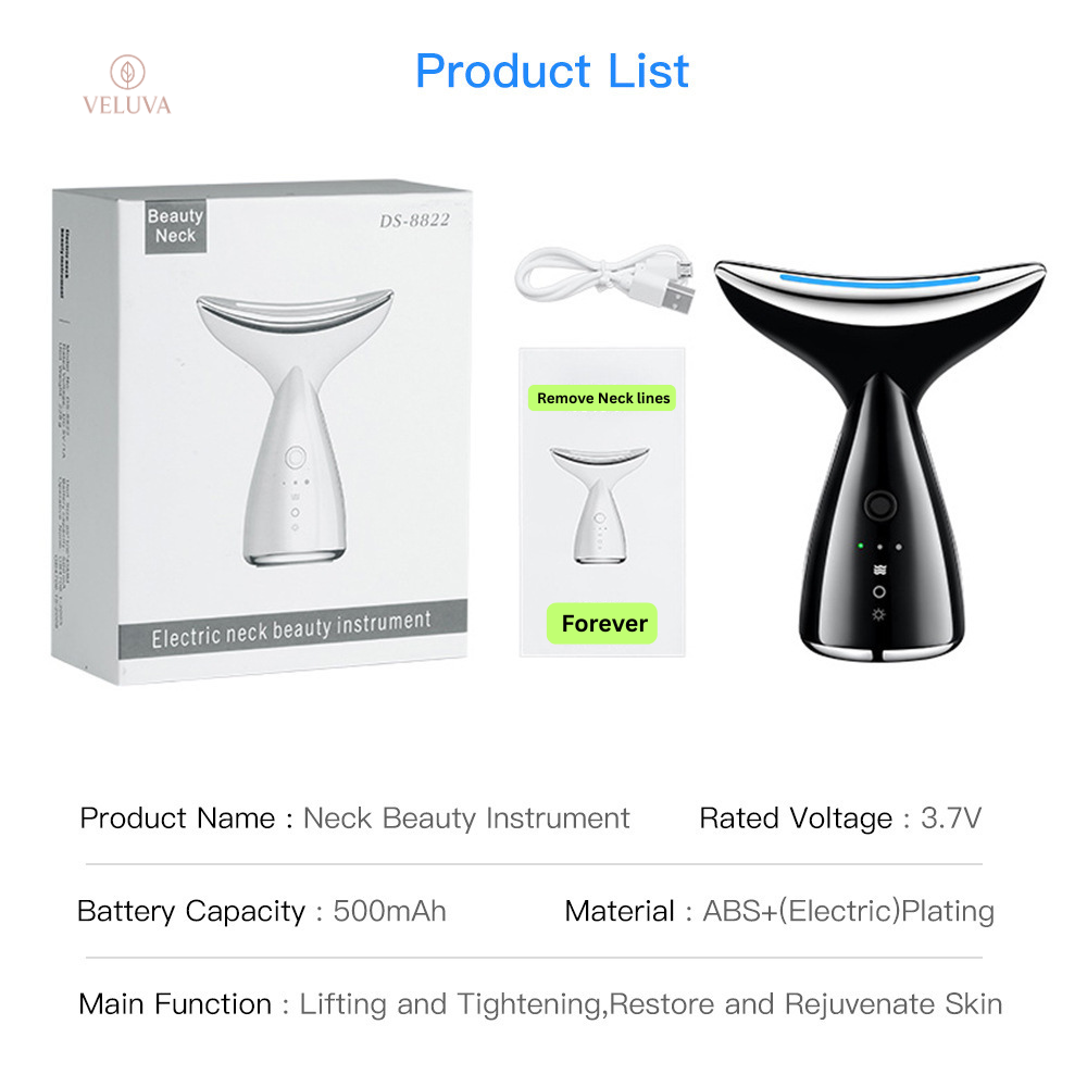 Neck beauty instrument with packaging and specifications on a white background