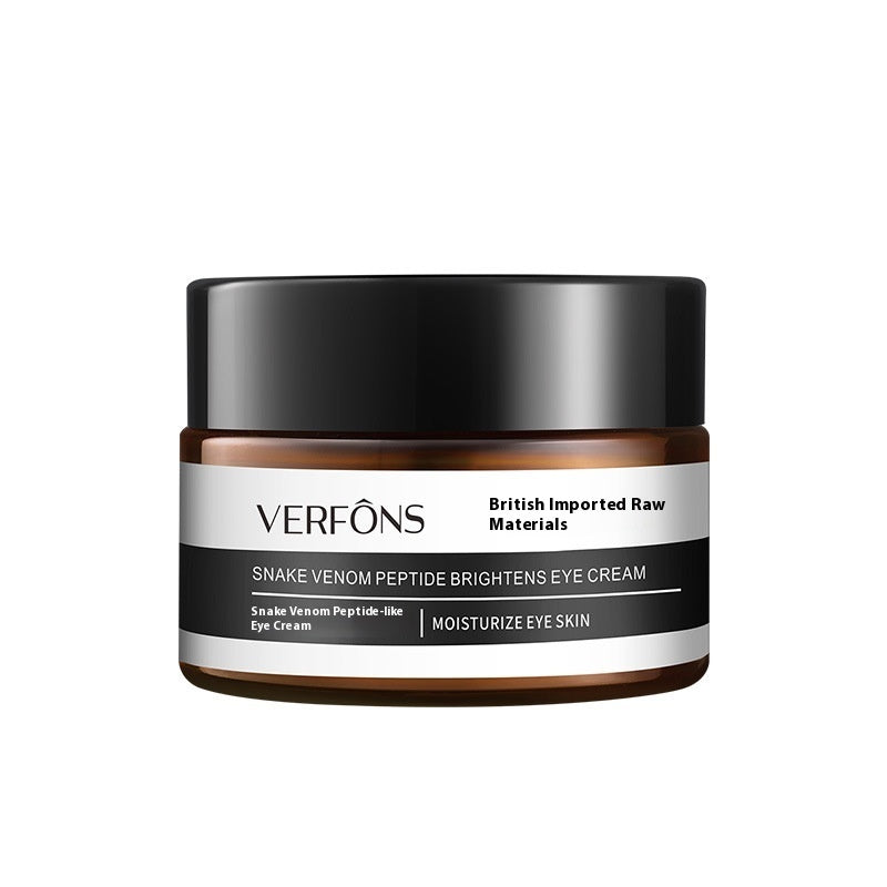 Verfons eye cream jar with black lid and white label on a white background