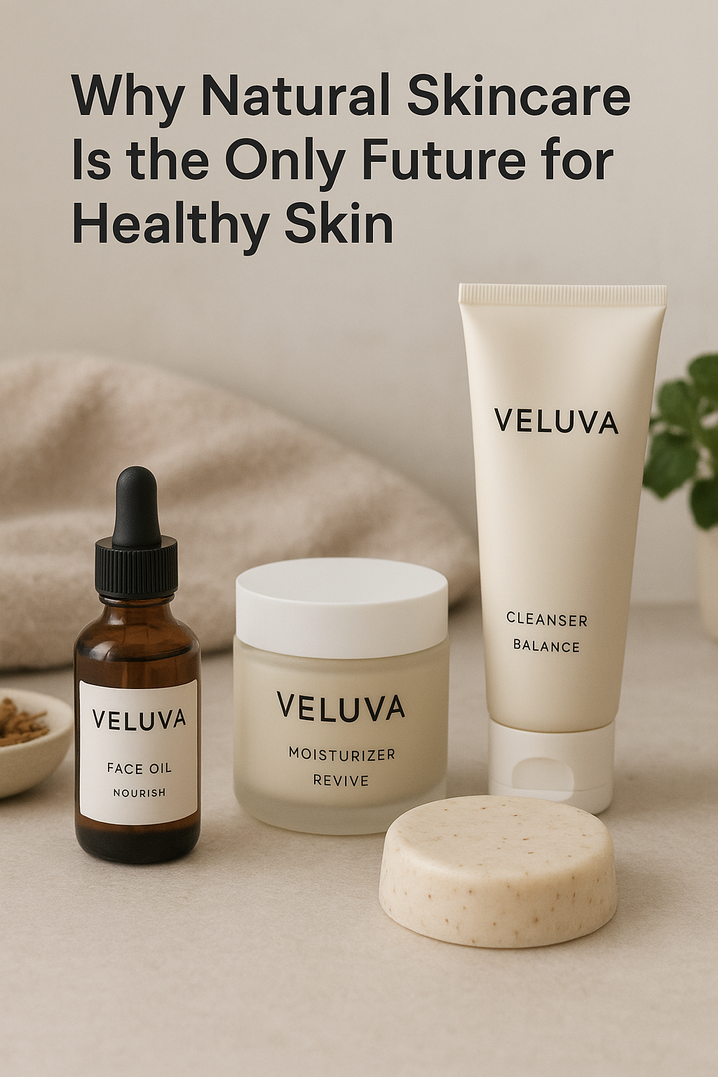 Veluva skincare products including face oil, moisturizer, cleanser, and face oil on a neutral background.