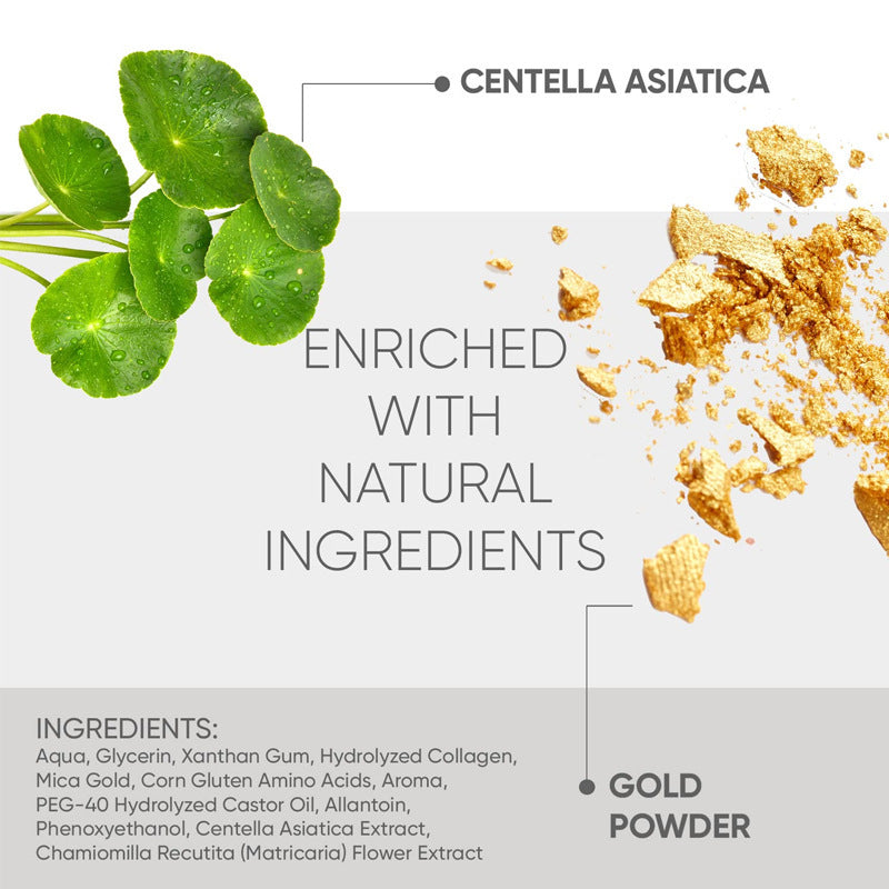 Product packaging enriched with Centella Asiatica and gold powder, featuring ingredients list.