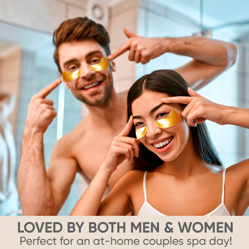 Two people wearing gold eye masks in a bathroom setting with text 'Loved by both men & women'.