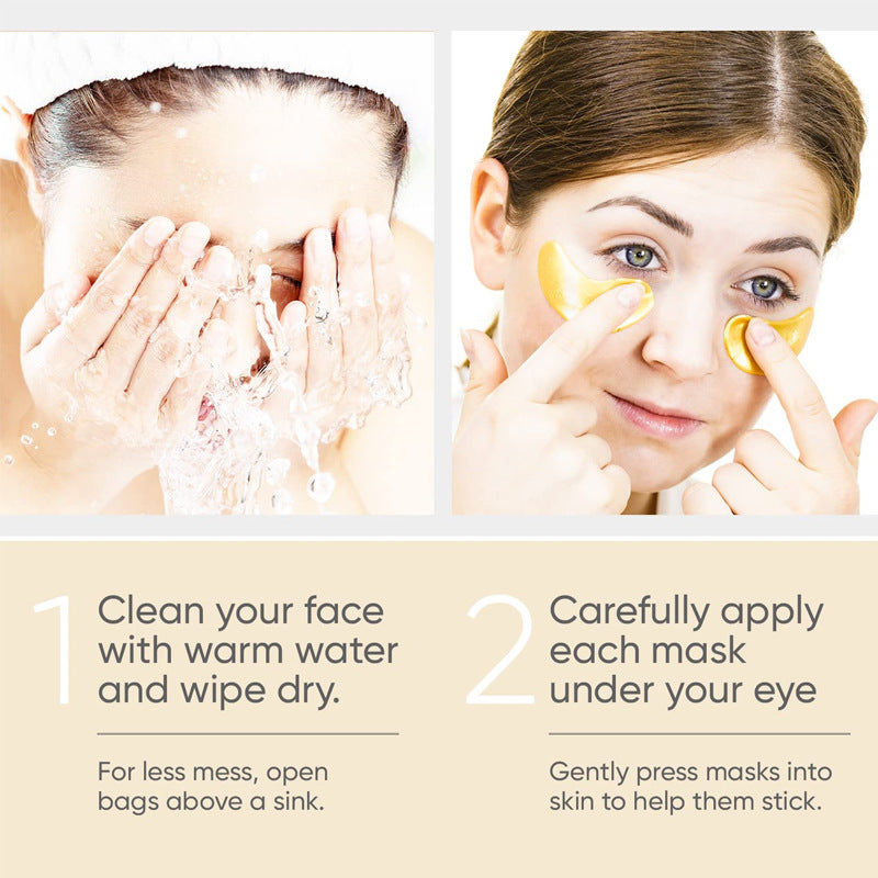 Instructions for applying eye masks with close-up images of a woman washing her face and applying the masks.