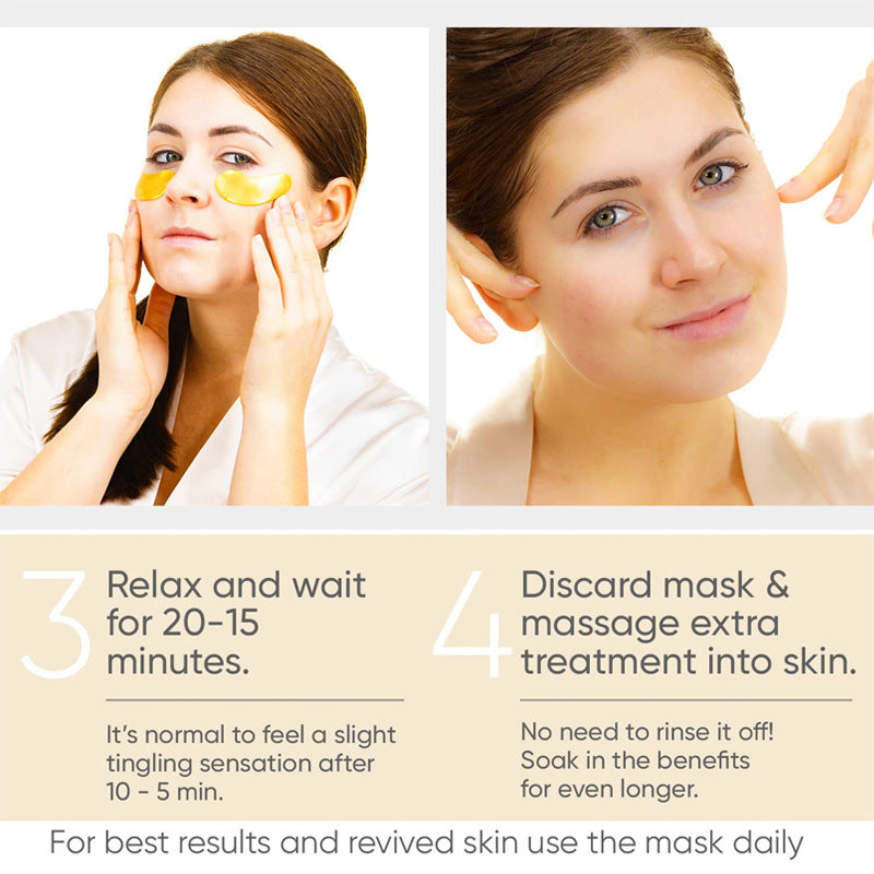 Woman applying eye masks with text instructions on a white background