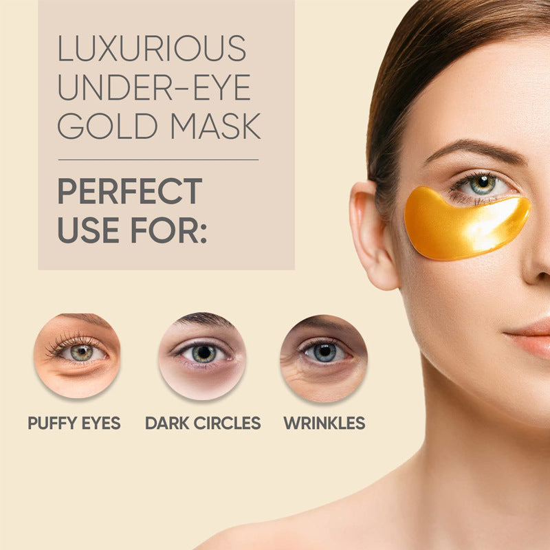 Woman wearing gold under-eye masks with text on a beige background
