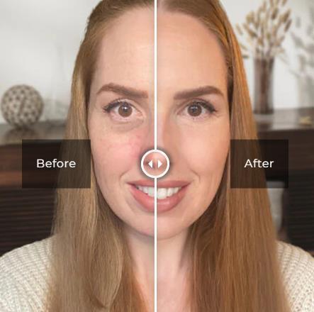 Before and after comparison of a woman's face with a blurred background