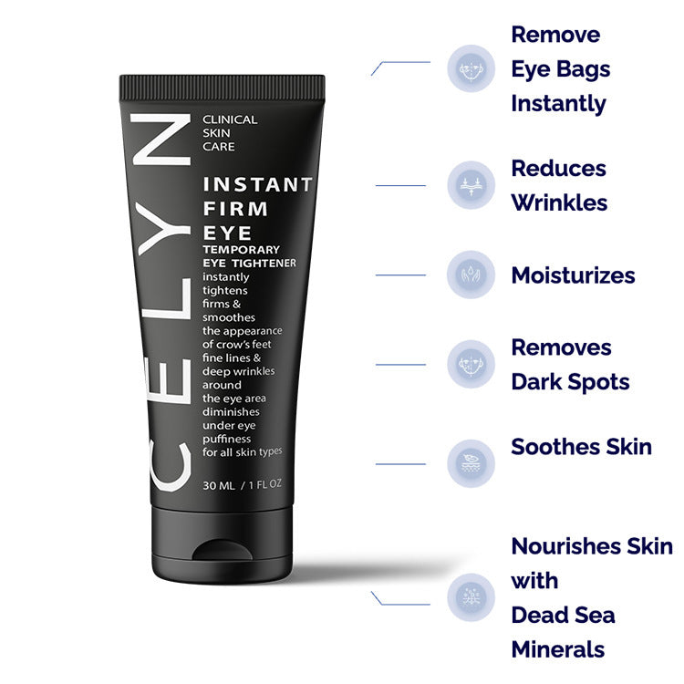 Celyn eye cream tube with benefits listed on a white background