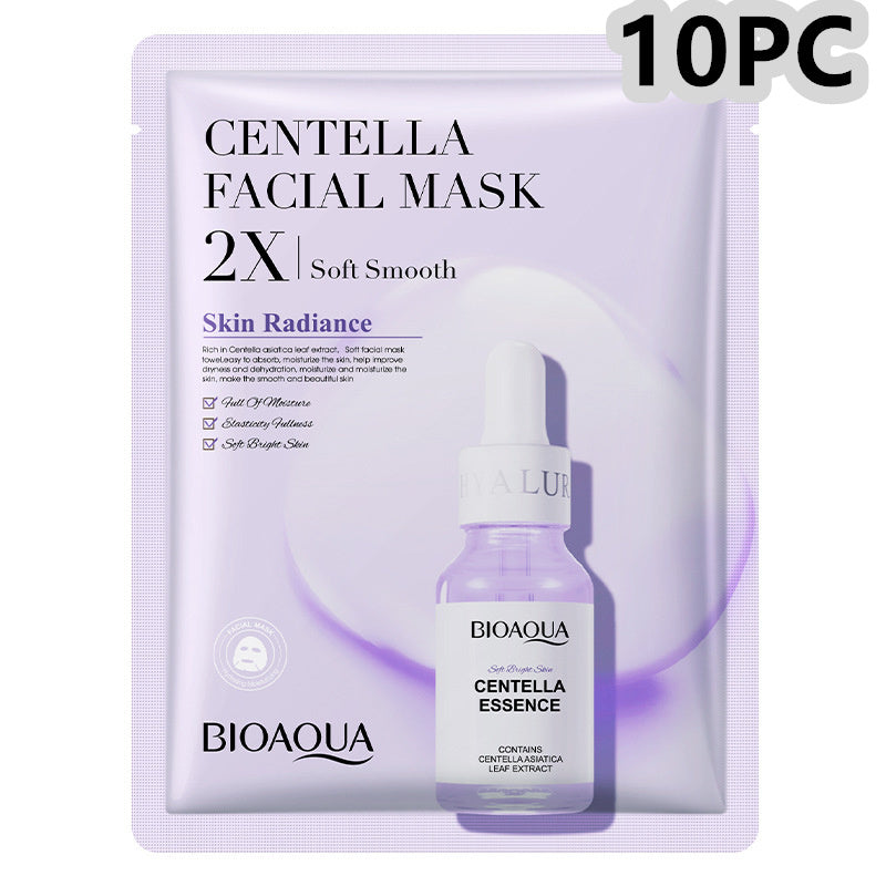 Bioaqua Centella Facial Mask packaging with a bottle of Bioaqua Centella Essence on a white background.