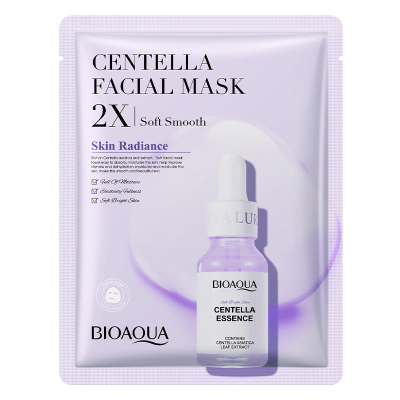 Bioaqua Centella Facial Mask packaging with a bottle of Bioaqua Centella Essence on a white background