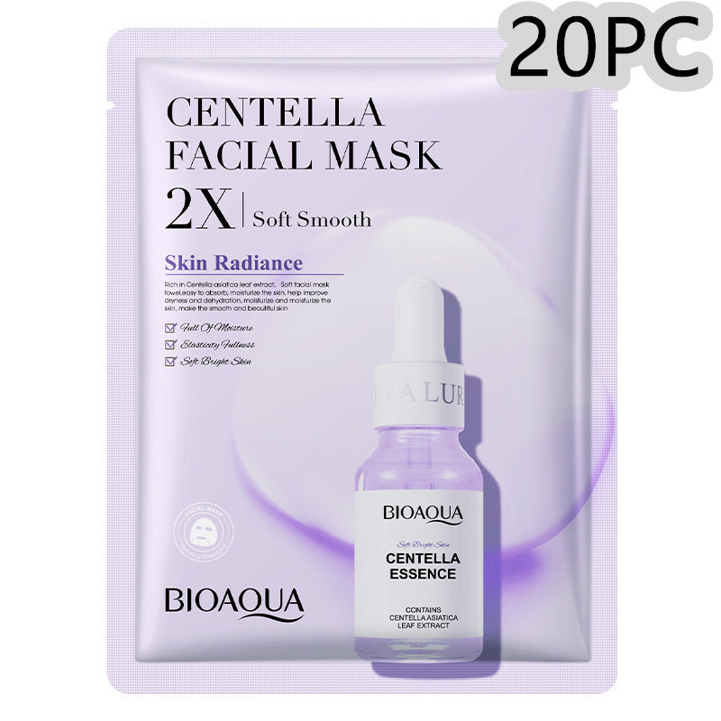 Bioaqua Centella Facial Mask packaging with a bottle of Bioaqua Centella Essence on a white background