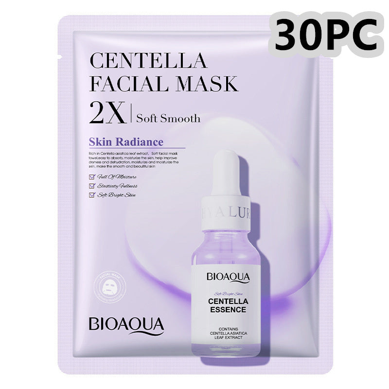 Bioaqua Centella Facial Mask packaging with a bottle of Bioaqua Centella Essence on a white background