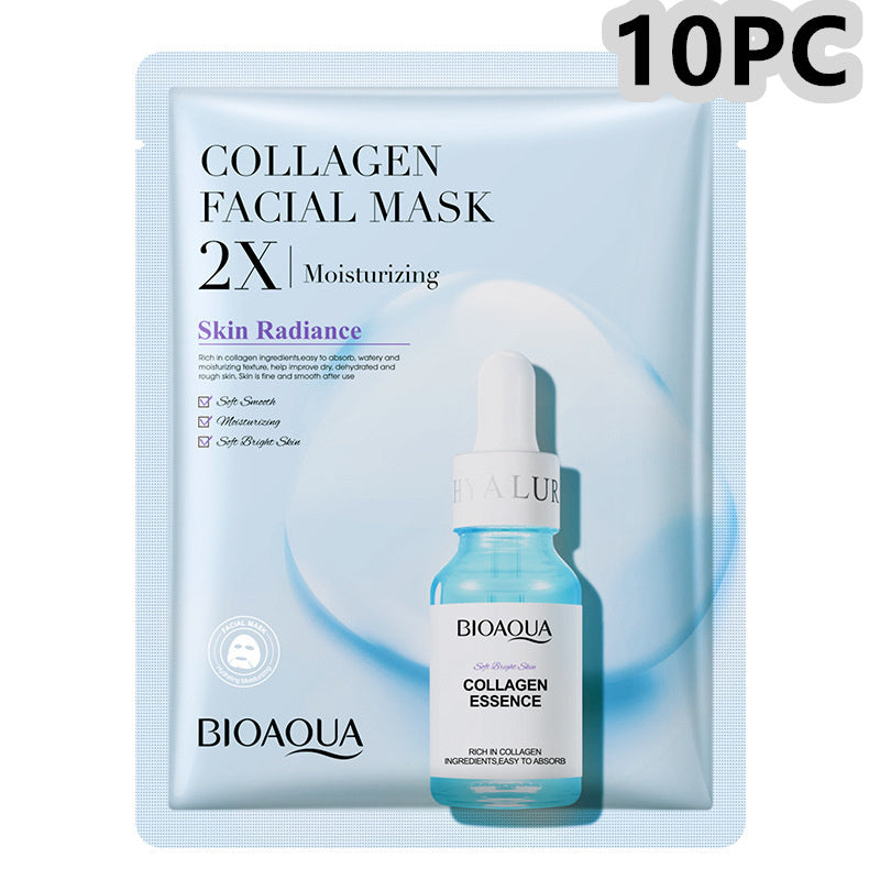 Collagen facial mask packaging with Bioaqua collagen essence bottle on a light blue background