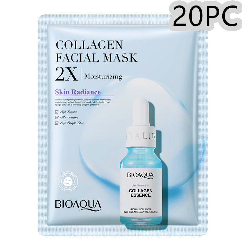 Collagen facial mask packaging with Bioaqua collagen essence bottle on a light blue background
