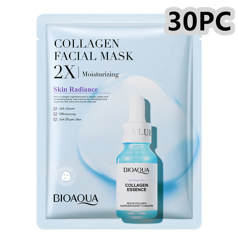 Collagen facial mask packaging with Bioaqua collagen essence bottle on a light blue background