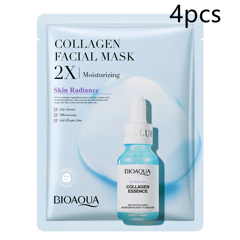 Collagen facial mask packaging with Bioaqua collagen essence bottle on a white background