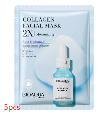 Collagen facial mask packaging with BIOAQUA collagen essence bottle on a white background