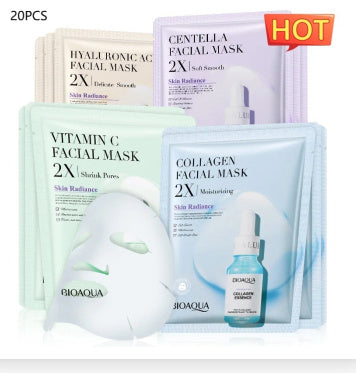 Set of Bioaqua facial masks and serum with packaging on a white background