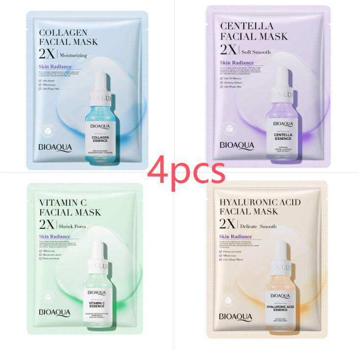 Four Bioaqua facial mask packages with their respective ingredients on a white background.