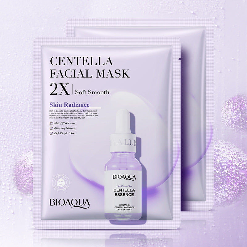 Bioaqua Centella Facial Mask packaging with a bottle on a light purple background