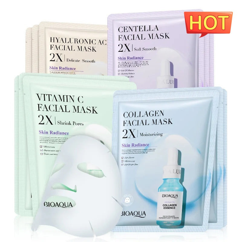 Collection of Bioaqua facial masks and serum with product names and benefits displayed.