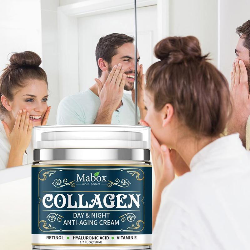 Mabox Collagen cream jar with a couple applying cream to their faces in front of a mirror.