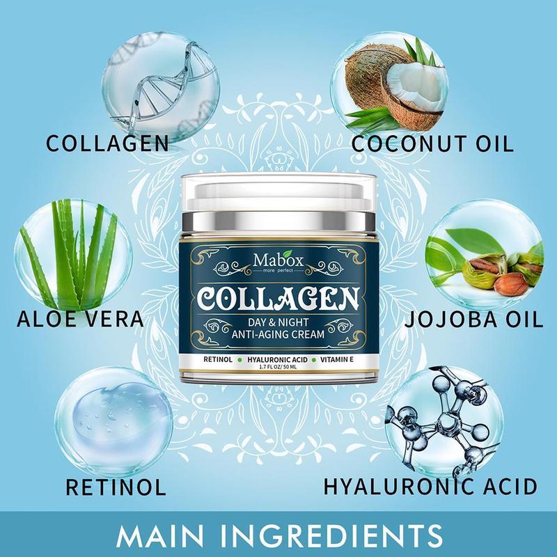 Collagen cream jar with ingredients like collagen, coconut oil, aloe vera, jojoba oil, retinol, and hyaluronic acid on a blue background.