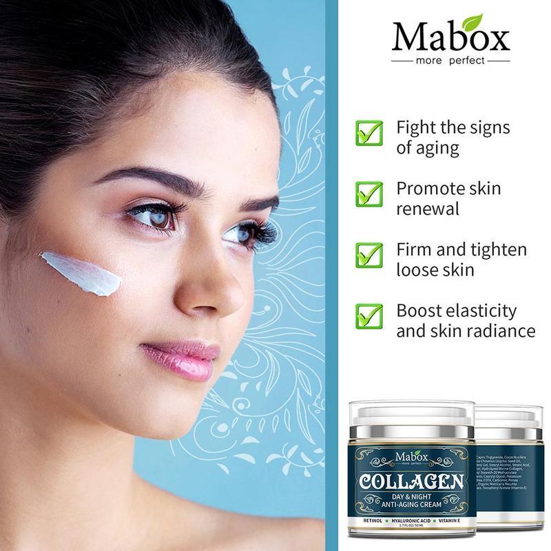 Woman applying cream to her face with Mabox collagen cream packaging on a blue background