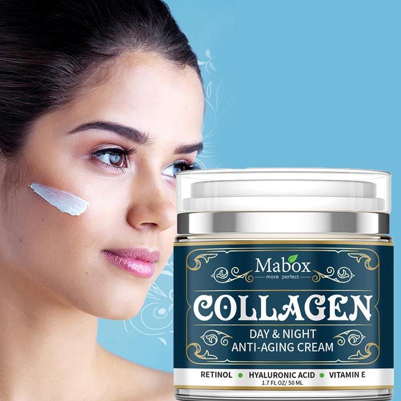 Woman with cream on her face next to a jar of Mabox Collagen Day & Night Anti-Aging Cream against a blue background