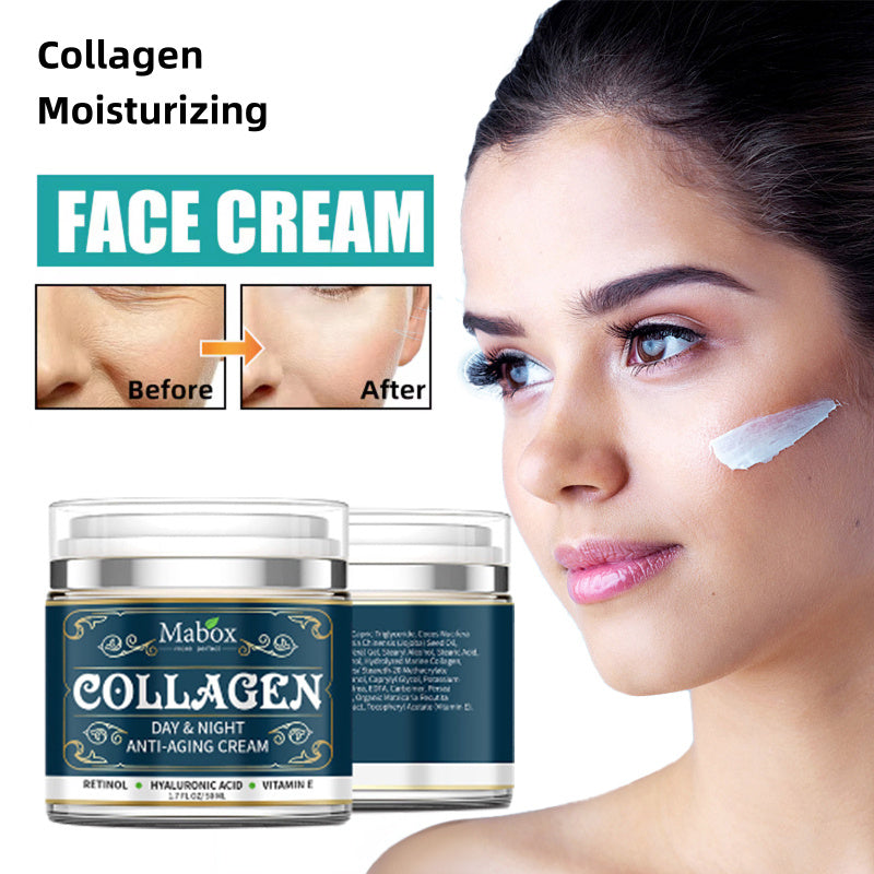Collagen moisturizing face cream with a woman's face showing before and after effects, and Mabox brand name.