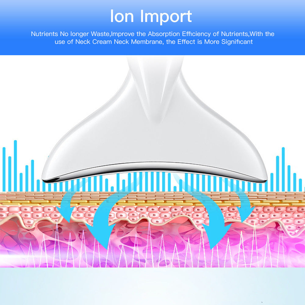 Diagram showing ion import technology with a neck cream membrane and skin layers on a blue background.