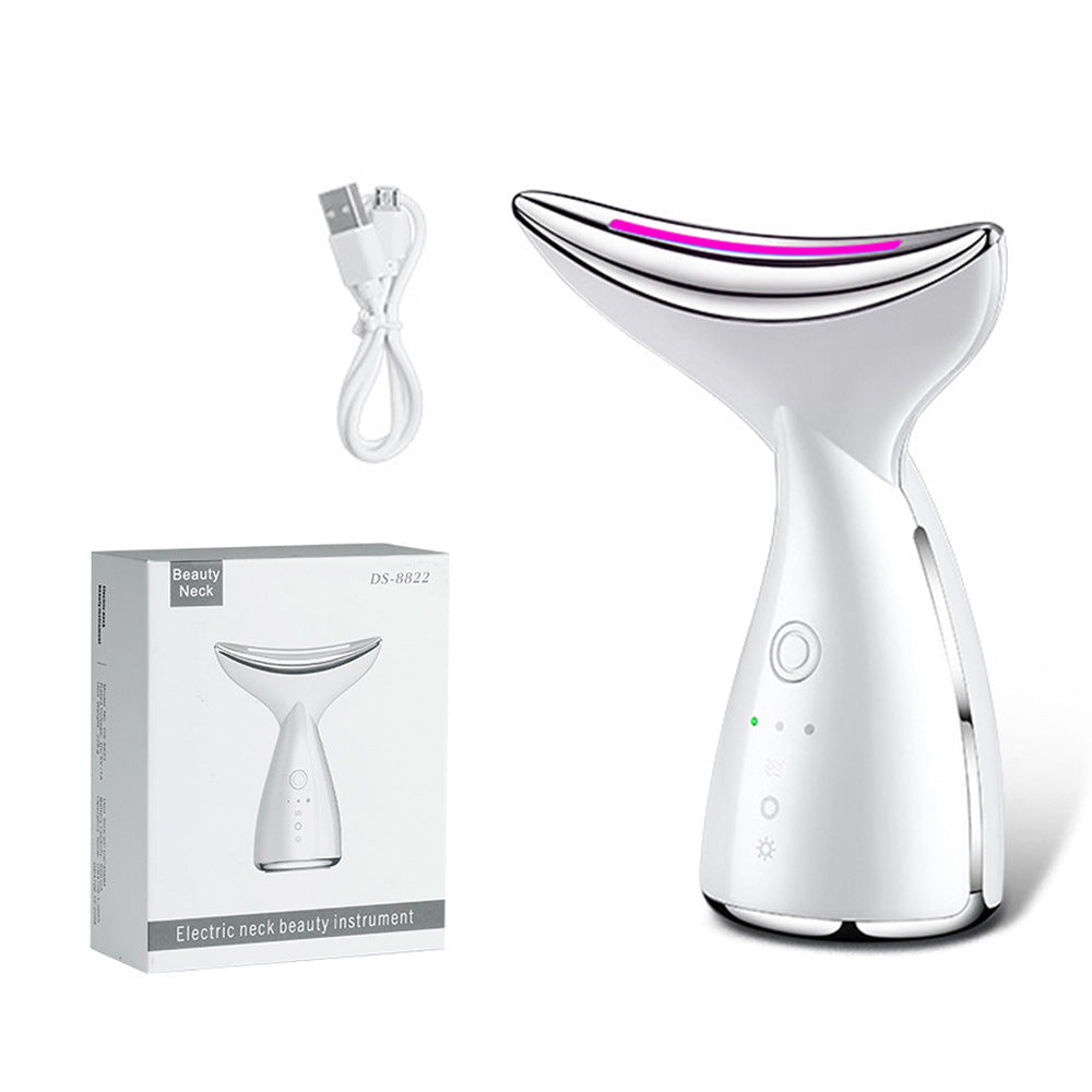 White electric neck beauty instrument with packaging and USB cable on a white background