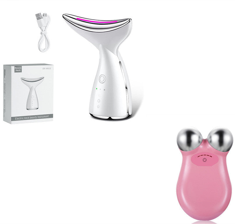 White facial steamer and pink handheld device with packaging on a white background