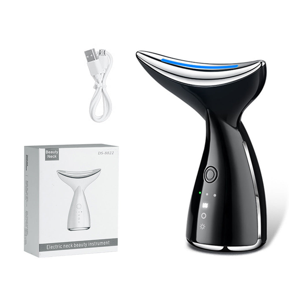 Black electric neck beauty instrument with packaging and USB cable on a white background
