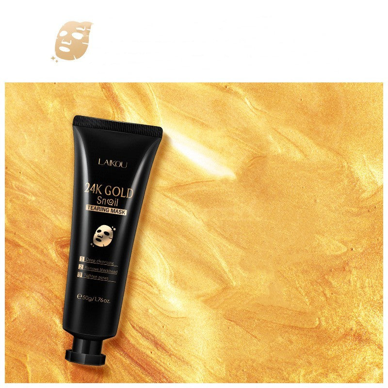 Black skincare product tube labeled '24K Gold Snail' on a gold background