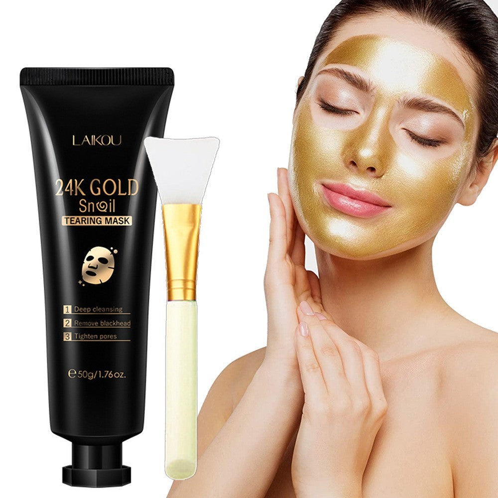 Woman applying gold face mask with LAIKOU 24K Gold Snail Tearing Mask product on the left.