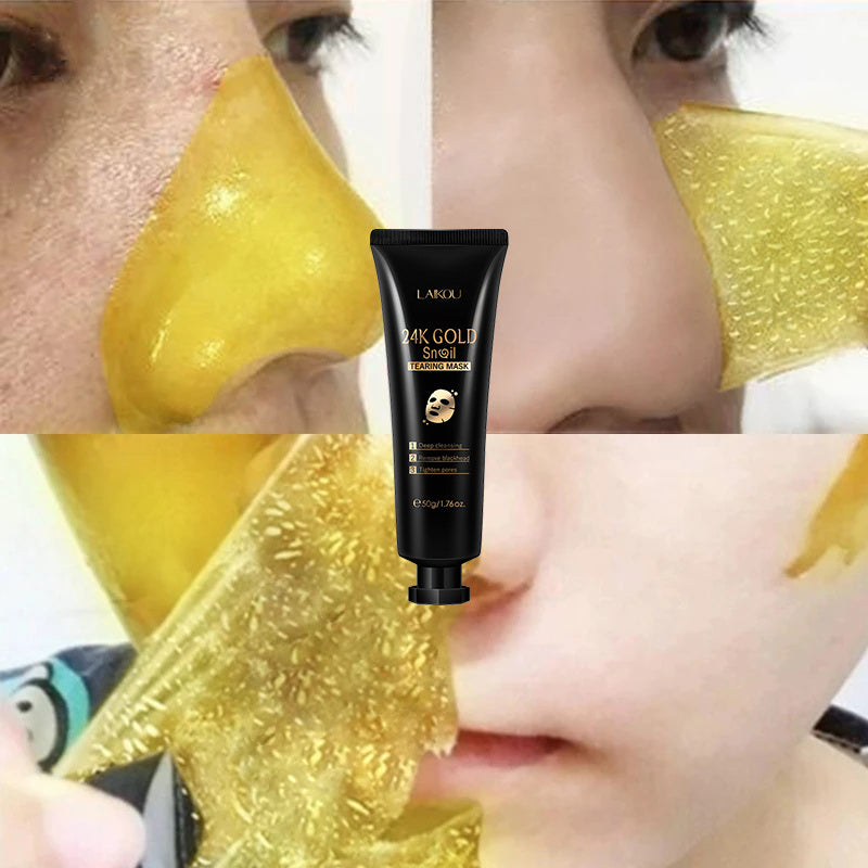 Collage of a person applying a gold facial mask with a tube of the product in the center.
