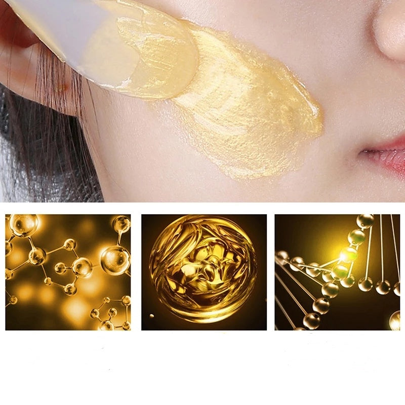 Gold facial mask being applied to skin with close-up of gold molecules below