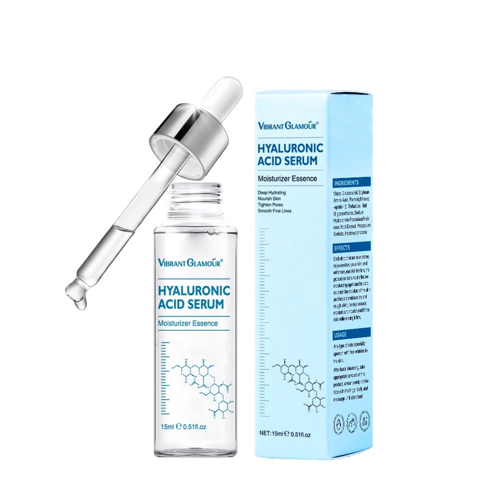 Hyaluronic acid serum with dropper and packaging on a white background
