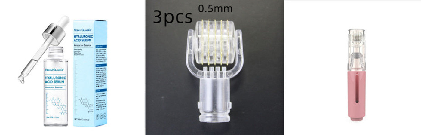 Collage of skincare products, a dropper bottle, a tube of cream, a small electronic device, and a pink pen.