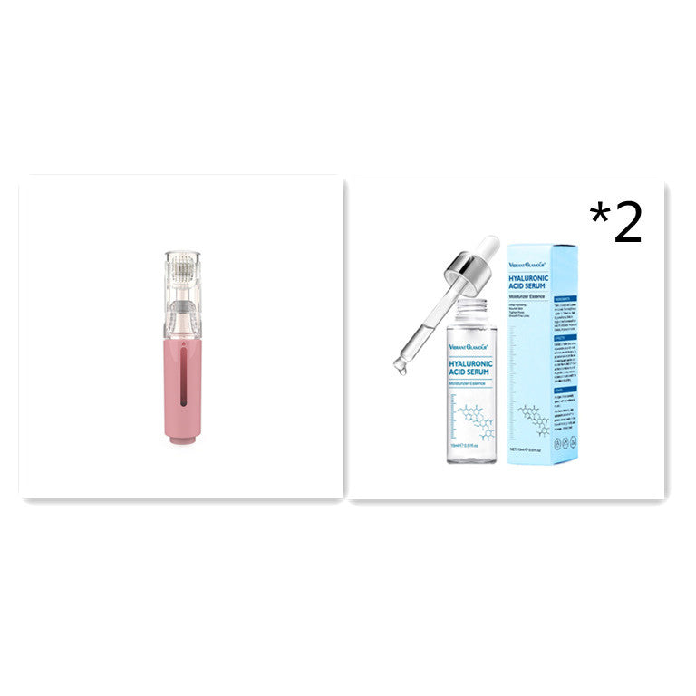 Pink lip balm and Hyaluronic Acid Serum with dropper on a white background