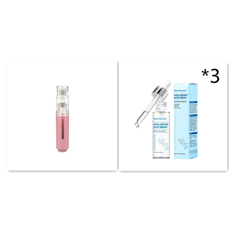 Pink lip balm and blue skincare serum with dropper on a white background