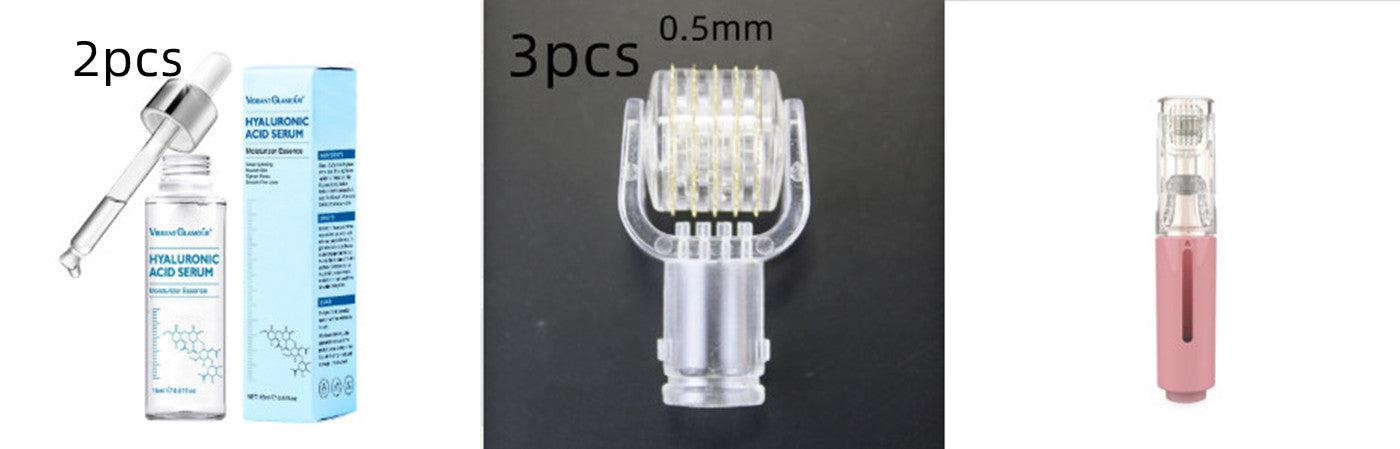 Collage of skincare products including a dropper bottle, cream tube, and small electronic device on a white background.