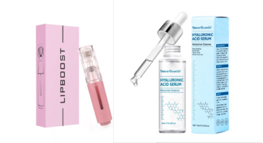 Collage of lip balm, serum bottle, and packaging on a white background