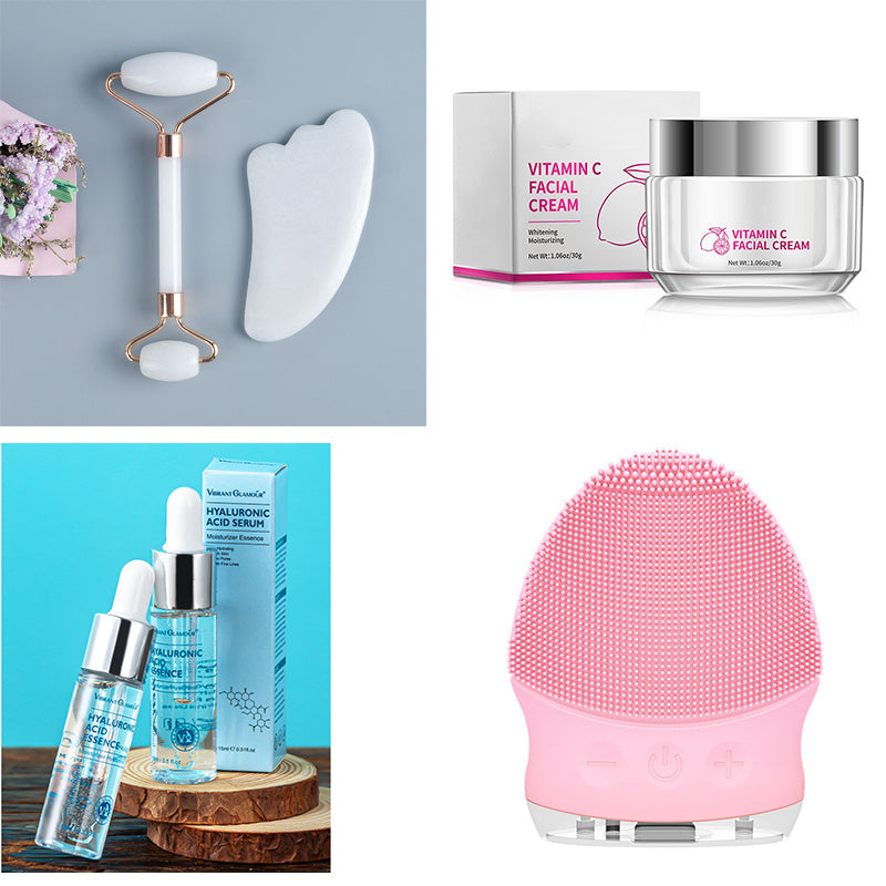 Collage of skincare products including a roller, gua sha tool, cream jars, serum bottles, and a cleansing brush.