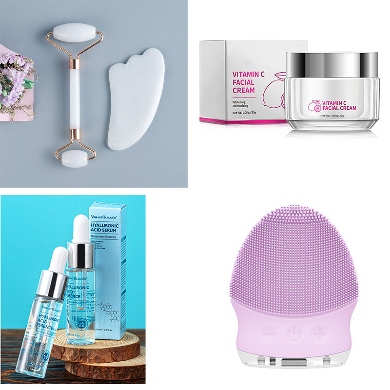 Collage of skincare products including a roller, gua sha tool, cream jars, serum bottles, and a scrubber.